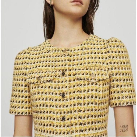 MAJE Rill Yellow Tweed Dress Women’s 2 - Picture 4 of 12